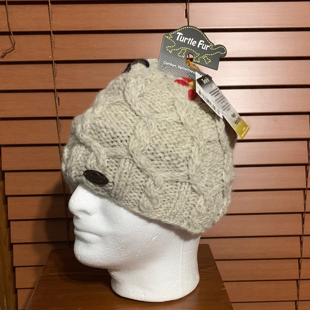 Turtle Fur ~ Nepal Hand Knit Winter Hat - Cream with flowers on top